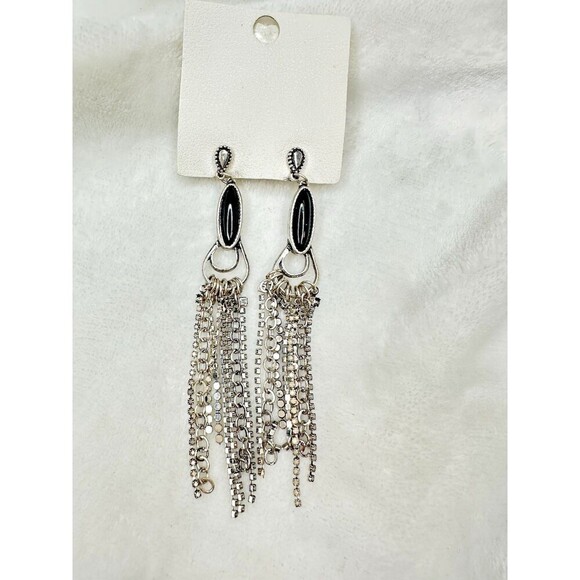 NEW Free People The Beat Goes On Dangle Earrings In Silver Black Chain Fringe - Picture 1 of 5